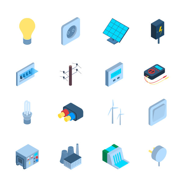 电力标志3d图标设置等距视图。向量图片下载
