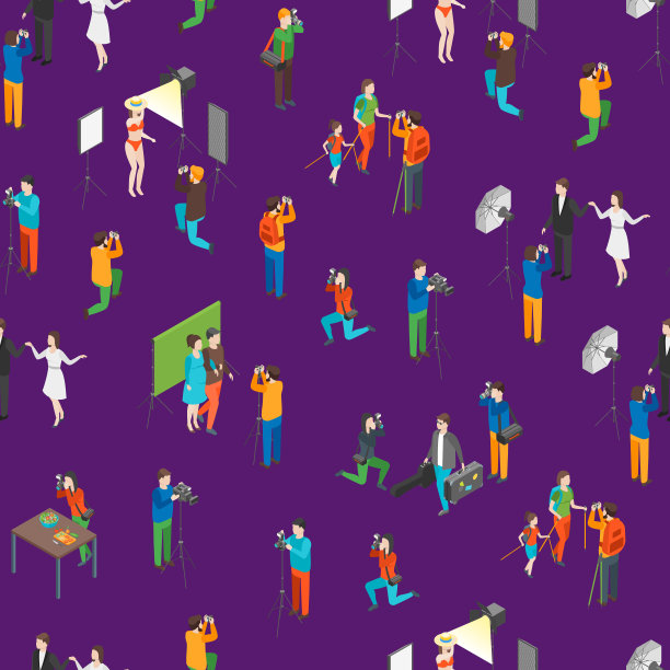 卡通人物专业摄影师时尚模特无缝图案背景。向量图片下载