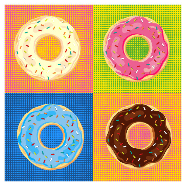 套甜甜圈的甜食。流行艺术风格的卡通甜甜圈。漫画书烤面饼海报。矢量插图。图片下载