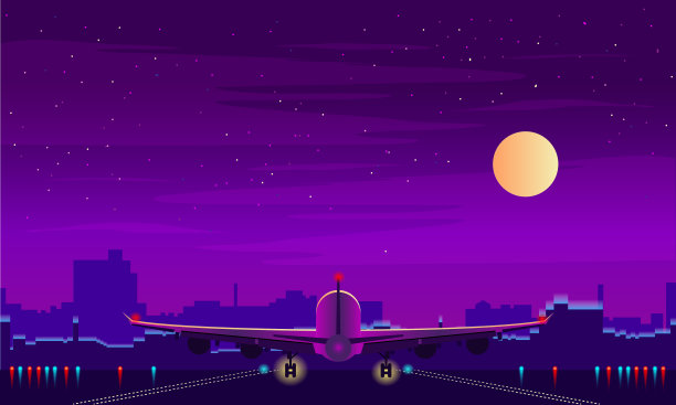 夜间机场与飞机起飞。夜空，景观与建筑。向量的背景。图片下载