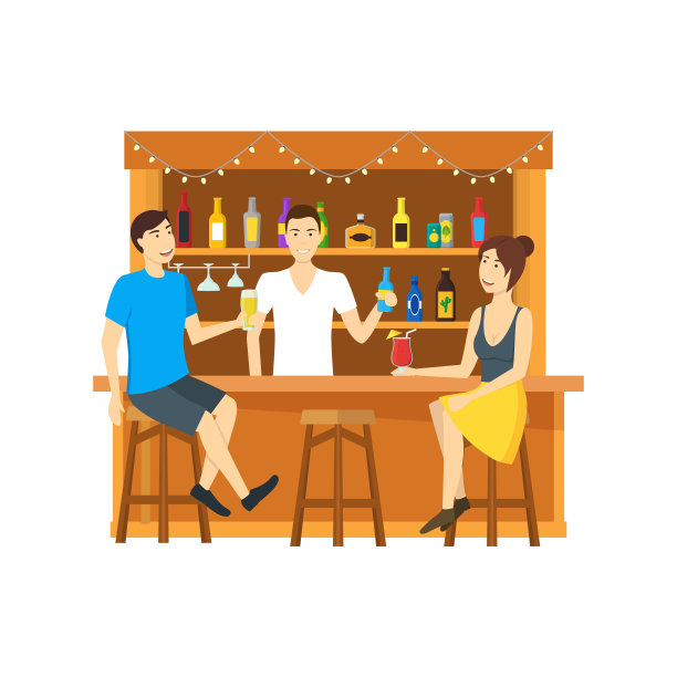 卡通色彩人物在餐厅里。向量素材图片