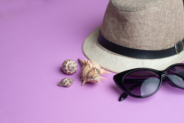 夏季饰品，海异国贝壳，帽子和太阳眼镜在紫罗兰背景。暑假和海的概念。Copyspace文本图片下载