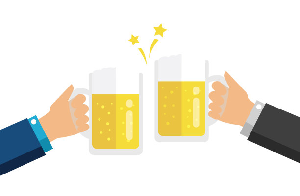 干杯/用啤酒祝酒/平面矢量图图片下载