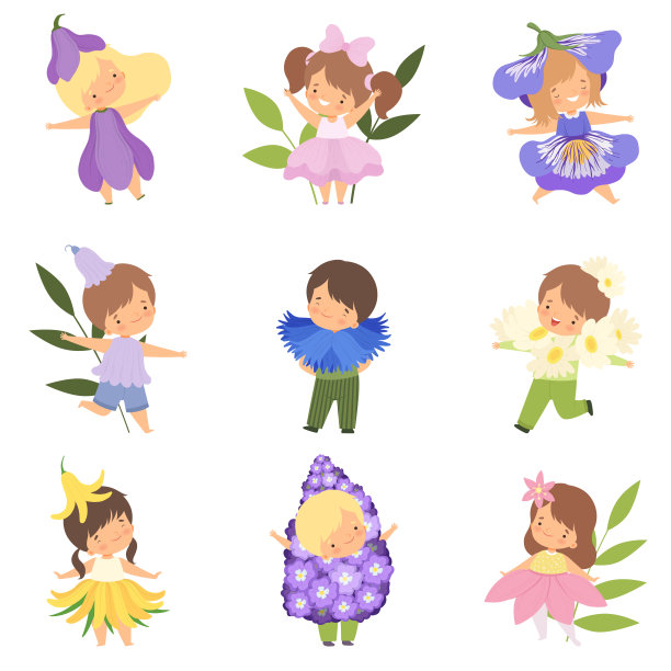可爱的快乐的小孩穿着鲜花服装集，可爱的男孩和女孩在嘉年华服装矢量插图图片下载