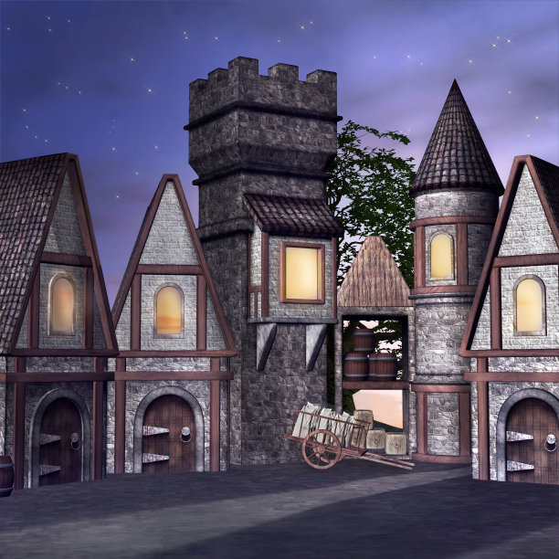 在一个安静的蓝色夜晚的中世纪小镇图片下载