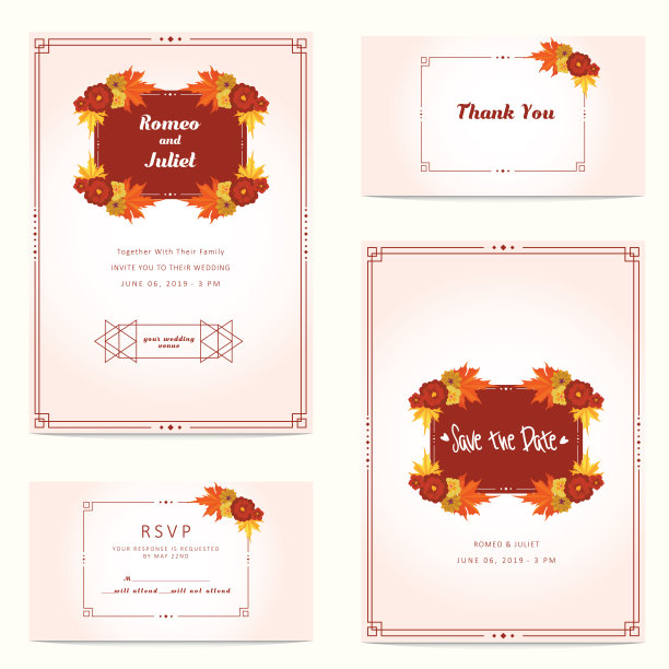 秋季婚礼请柬与花和橡树叶模板。矢量图图片下载