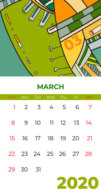 2020年三月日历抽象当代艺术矢量。桌面、屏幕、桌面03月，2020年，五彩缤纷图片下载