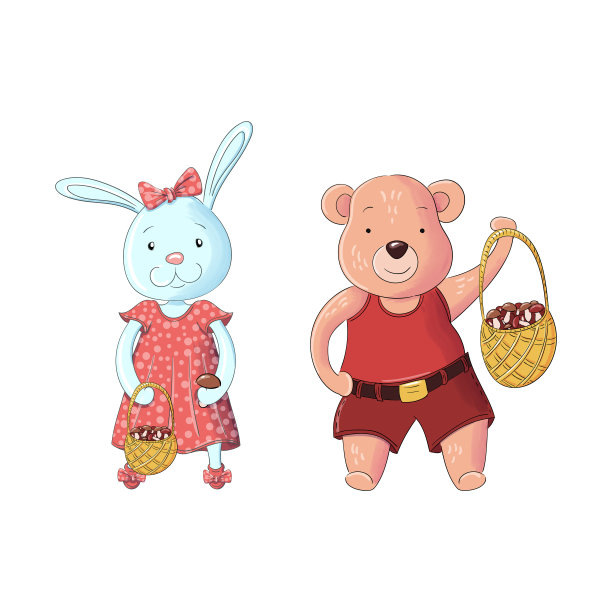 兔子女孩和熊男孩拿着一篮子蘑菇。甜蜜的派对送礼卡。图片下载
