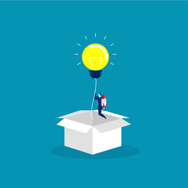 商人用从纸板箱中弹出的灯泡开始创业。创业、创意、领导力、商业成功或灵感的概念。向量树脂图片下载