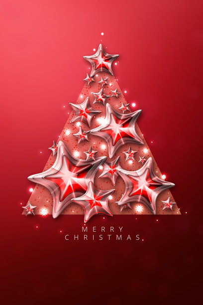 挂满星星的圣诞树。红色的背景。明信片。3 d演示。图片下载