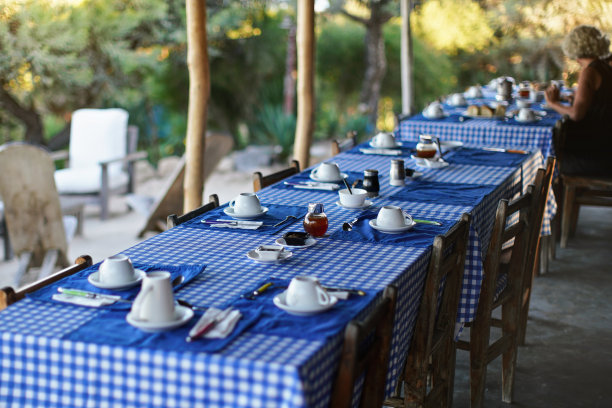 桌子上有空盘子和咖啡杯，蓝色格子桌布，模糊的人在背景吃早餐，绿色的树叶在背后，热带度假胜地。野外照片的浅景深图片下载