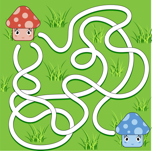 彩色抽象迷宫。帮助红蘑菇够到蓝蘑菇。孩子工作表。活动页面。儿童益智游戏。卡通风格。迷宫难题。矢量插图。图片下载