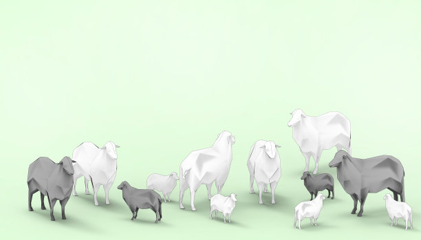 黑羊在白羊家庭组低多边形概念现代艺术和当代现代绿色糊背景- 3D渲染图片下载