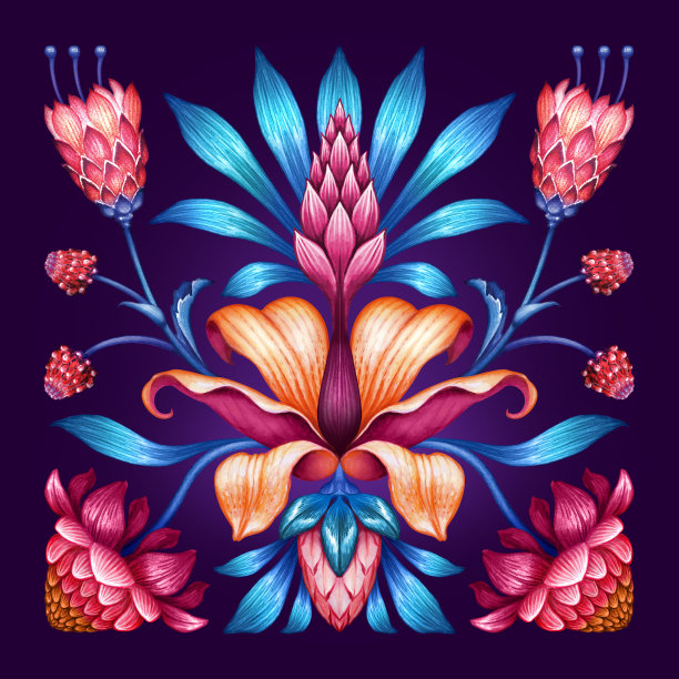 红蓝色热带花卉孤立在紫罗兰背景，民族花卉装饰，民俗主题，植物头巾设计，传统刺绣图案，波西米亚时尚印花，水彩插图图片下载