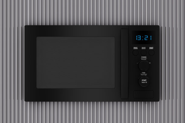 现代黑色微波炉前面的金属铬波浪背景。3d渲染图片下载