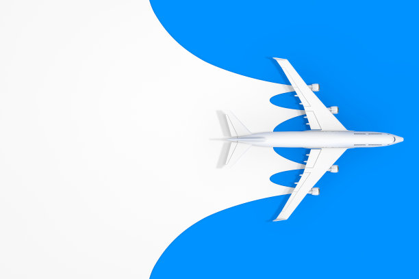 顶视图白色喷气客机与空白空间为您的设计模拟上的蓝色背景。三维渲染图片下载