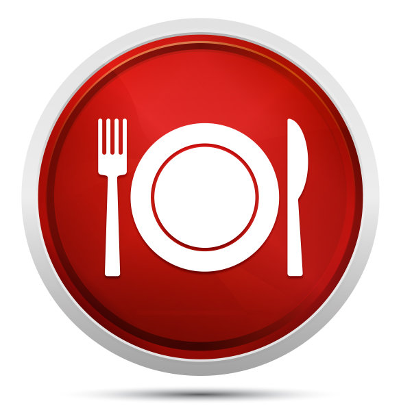 盘子与叉和刀的图标推广红色圆形按钮图片下载