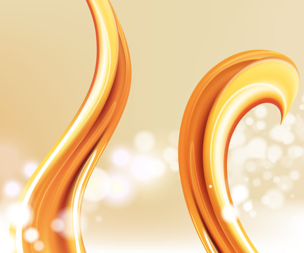 橙色液体飞溅。集。汁的背景。蜂蜜。色液体。向量。为您的设计和广告图片下载