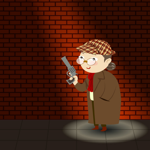 一位老太太穿着侦探服，拿着手枪站在黑暗的大楼角落里。矢量图图片下载