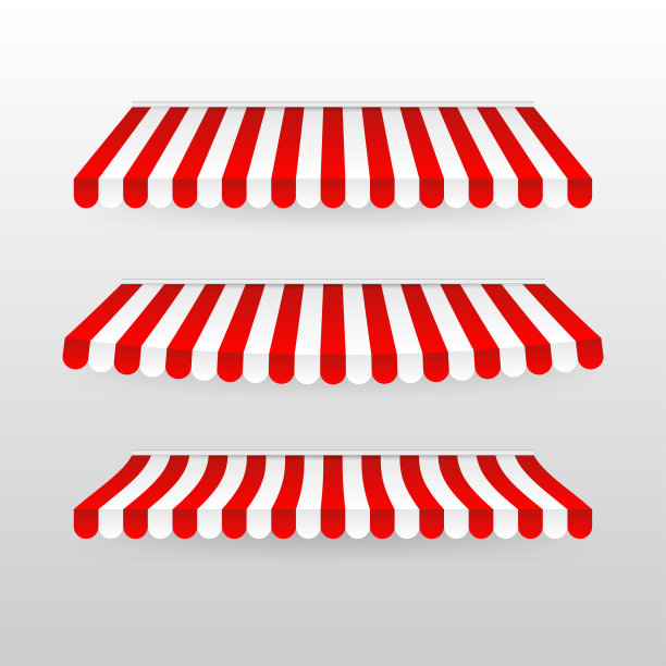 红色和白色的遮阳伞。户外遮阳篷的咖啡馆和商店窗户隔离向量集。帐篷遮阳市场，条纹夏季扇贝商店插图图片下载