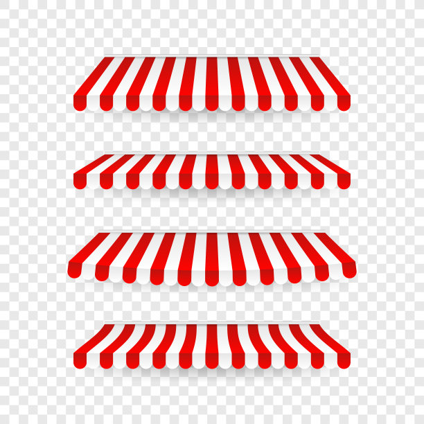 红色和白色的遮阳伞。户外遮阳篷的咖啡馆和商店窗户隔离向量集。帐篷遮阳市场，条纹夏季扇贝商店插图图片下载