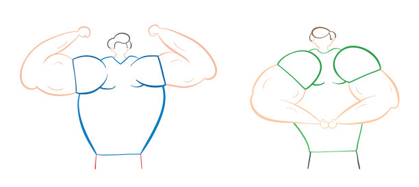 肌肉男展示他们的肌肉，手绘矢量图。图片下载