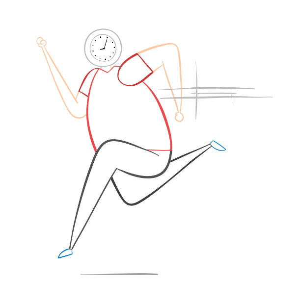 人与时钟头和运行，手绘矢量插图。图片下载