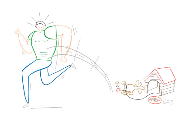 肌肉发达的人害怕小狗和逃跑，手绘矢量插图。图片下载