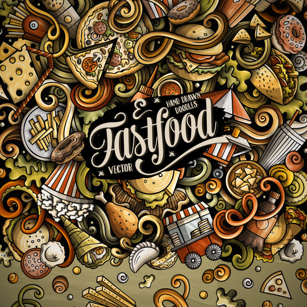 快餐手绘矢量涂鸦插画。快餐框卡设计图片下载