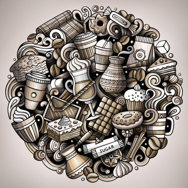 卡通矢量涂鸦咖啡店插图图片下载