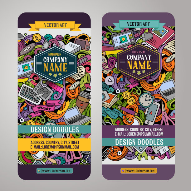 卡通可爱的彩色矢量手绘涂鸦设计师的横幅设计图片下载