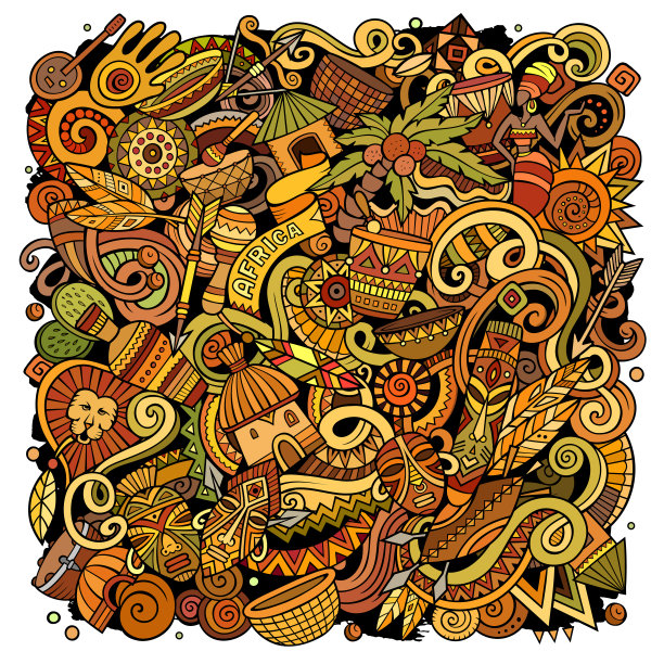 卡通可爱的彩色矢量涂鸦非洲插图图片下载