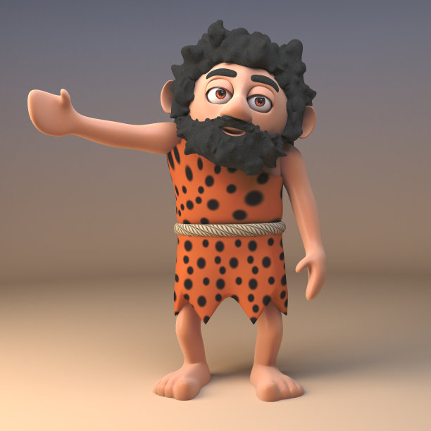 愚蠢的穴居人野蛮的角色在动物毛皮信号的右转弯没有在车辆，3d插图图片下载