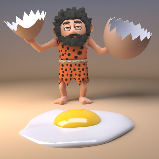 原始人野蛮的角色打破一个巨大的恐龙油炸为早餐，3d插图图片下载