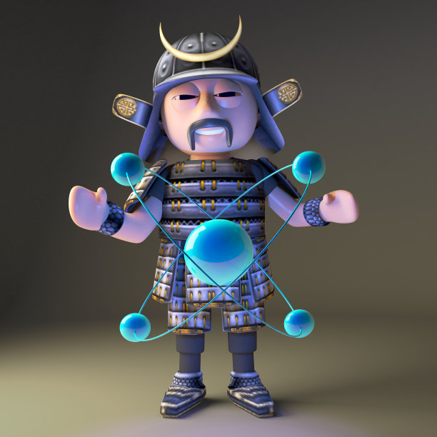 高贵的3d日本武士在盔甲研究核原子，3d插图图片下载