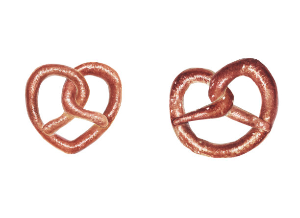 手绘水彩插图一套可口的椒盐卷饼孤立的白色背景图片下载