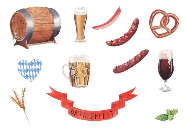 手绘水彩插图集十月fest设计元素孤立在白色背景图片下载