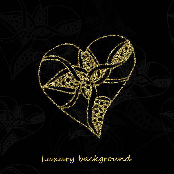 心形符号概念插图，金色爱的图标制成的现实金色闪光尘埃在黑色的背景。图片下载