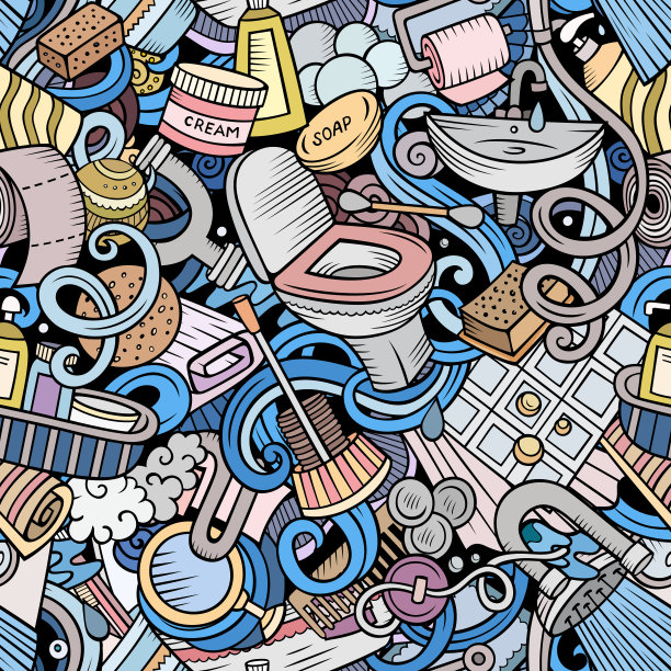 浴室手绘卡通涂鸦无缝图案。图片下载