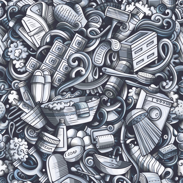 浴室手绘卡通涂鸦无缝图案。图片下载