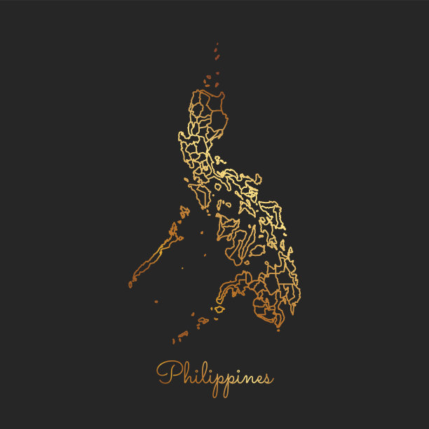菲律宾地区地图:黑色背景上的金色渐变轮廓。图片下载