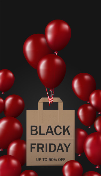 垂直横幅与红色闪亮的气球和购物纸包装与黑色星期五的文字图片下载