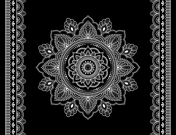 曼陀罗图案和无缝边框，用于指甲花绘画和纹身：民族东方风格装饰，黑白涂鸦手绘矢量插画图片下载
