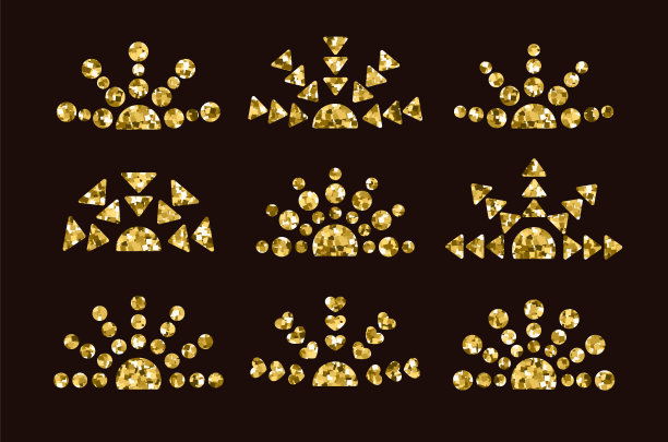 金色日出日落符号系列，镶嵌纹理。平面矢量图标集。早晨，傍晚金色的阳光标志在黑暗的背景图片下载