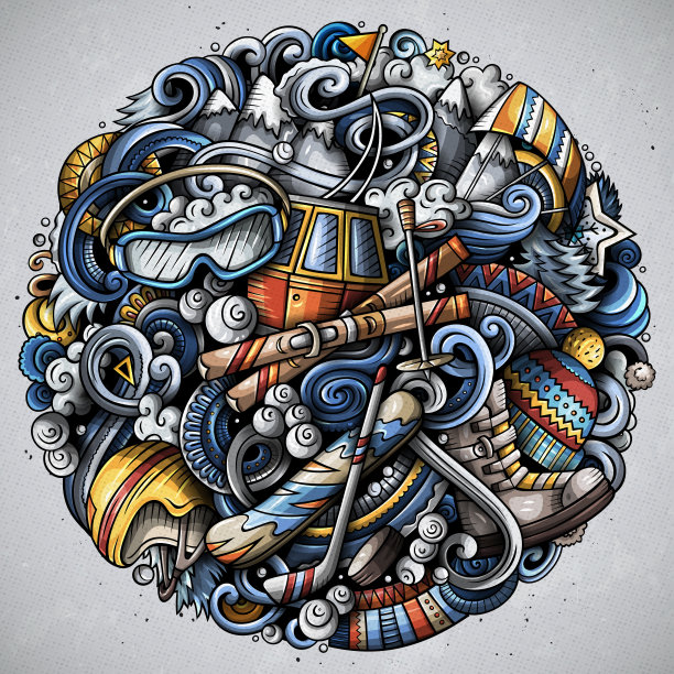 冬季运动手绘矢量涂鸦插图。滑雪场海报设计。寒冷季节户外活动元素和对象卡通背景。色彩鲜艳有趣的图片图片下载