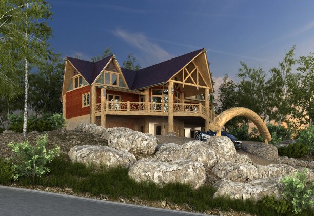 3 d渲染。山上的别墅有岩石和清晰的天空视野。图片下载