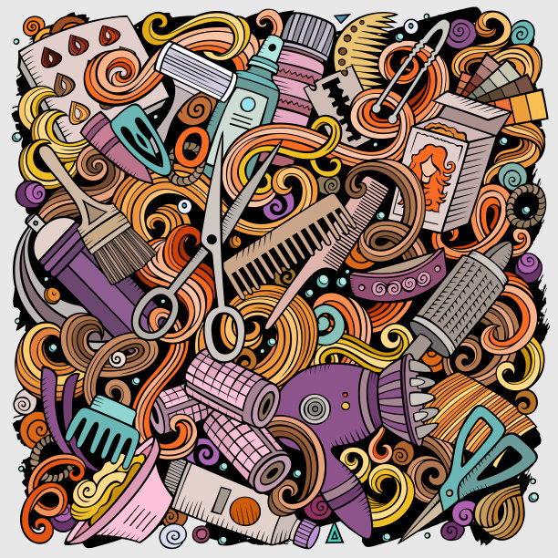 发廊手绘矢量涂鸦插画。发型设计的海报。理发店的元素和对象卡通背景。鲜艳的色彩，有趣的画面。所有项目都是分开的图片下载