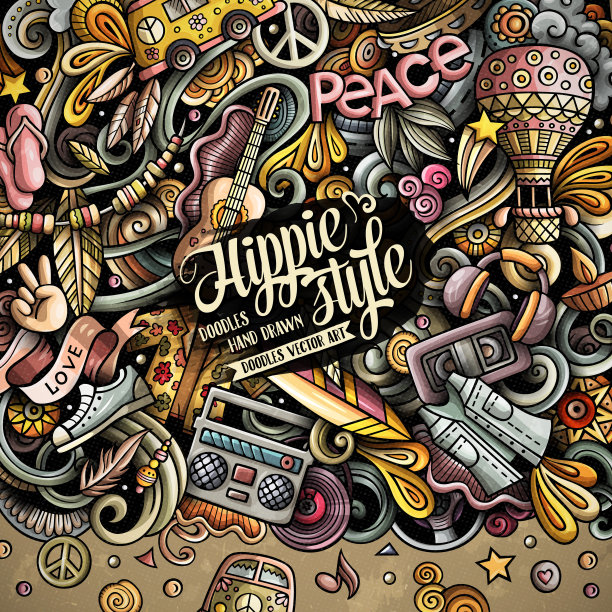 嬉皮士手绘矢量涂鸦插图。嬉皮框架卡设计。图片下载