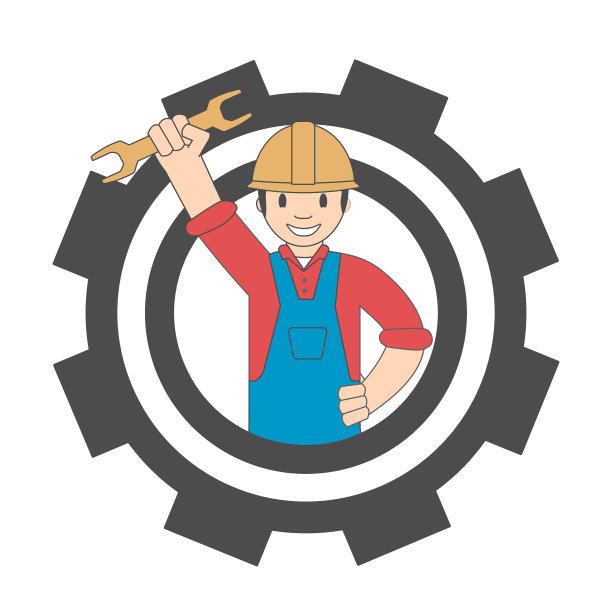 一个拿着扳手和齿轮的工人的标志。图片下载