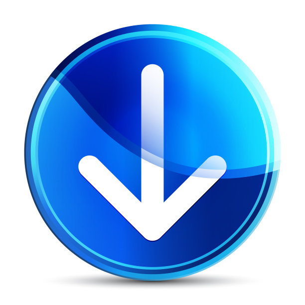 向下箭头图标玻璃充满活力的天蓝色圆形按钮插图图片下载